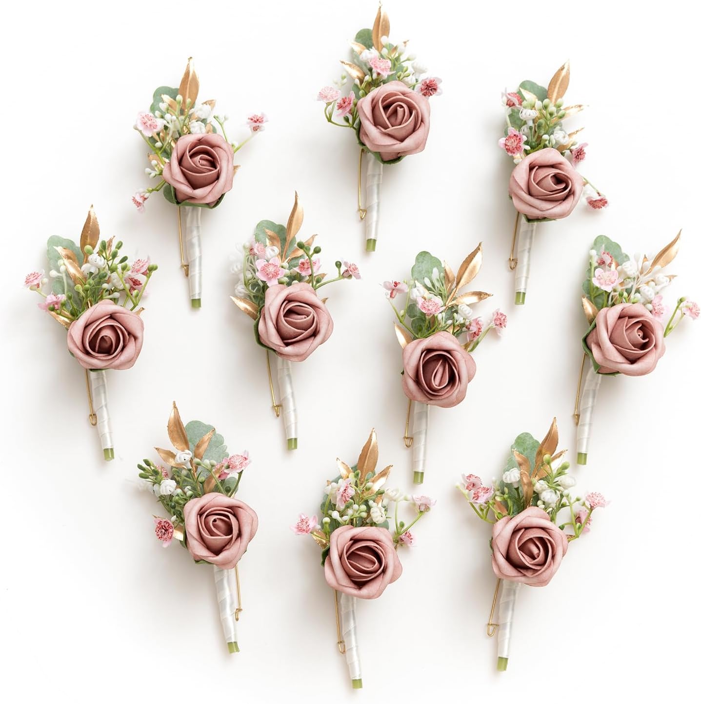 Ling's Moment Boutonniere for Men, 10pcs Groomsmen Guest Boutonniere, Artificial Flowers for Wedding Décor/Prom/Homecoming,etc.Dusty Rose Pink