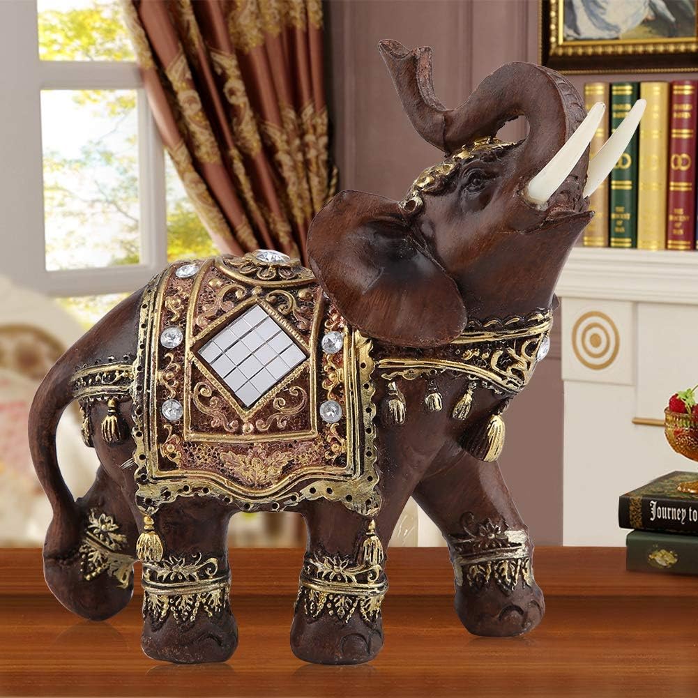 Feng Shui Wood Grain Elegant Elephant Statue 5.5 (H) with Trunk Facing Upwards Collectible Figurine Sculpture Decoration Statue Wealth Lucky Figurine Home Office Decor Gift, Wooden L