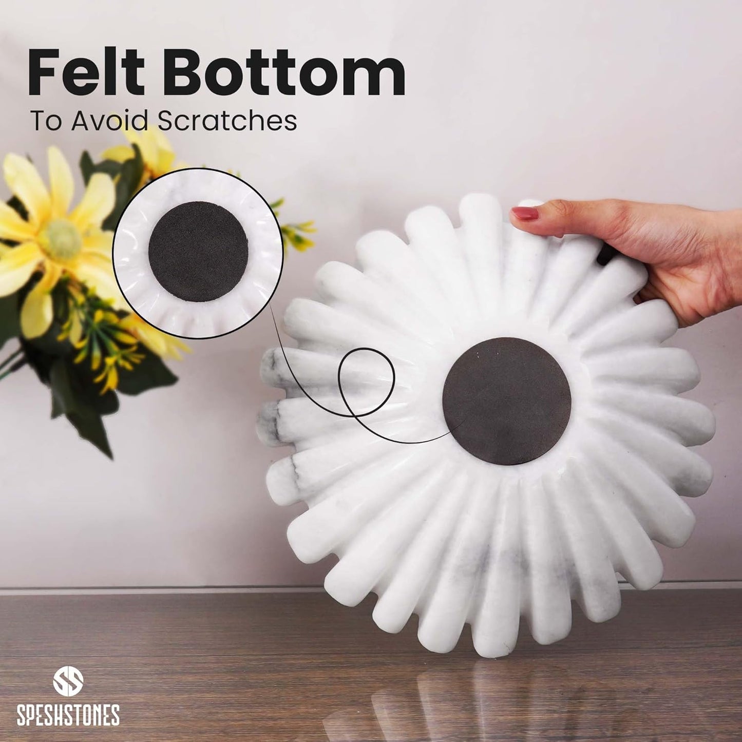 Marble Decorative Bowl 10 Inch Handmade White Fruit Bowl for Kitchen Counter - Large Ruffle & Scalloped Bowls for Dining, Coffee Table Centerpieces & Home Decor