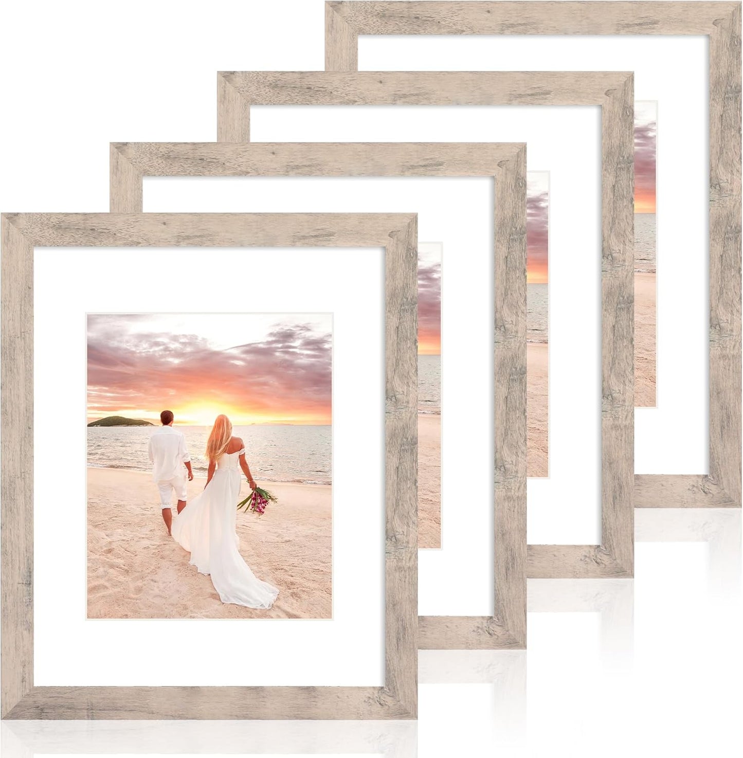 iRahmen 11x14 Picture Frame Set of 4 with Tempered Glass, Smoke Gray Frame Display 8x10 Pictures with Mat or 11 x 14 Without Mat, Wood Rustic Photo Frames for Horizontal or Vertical Wall Mounting