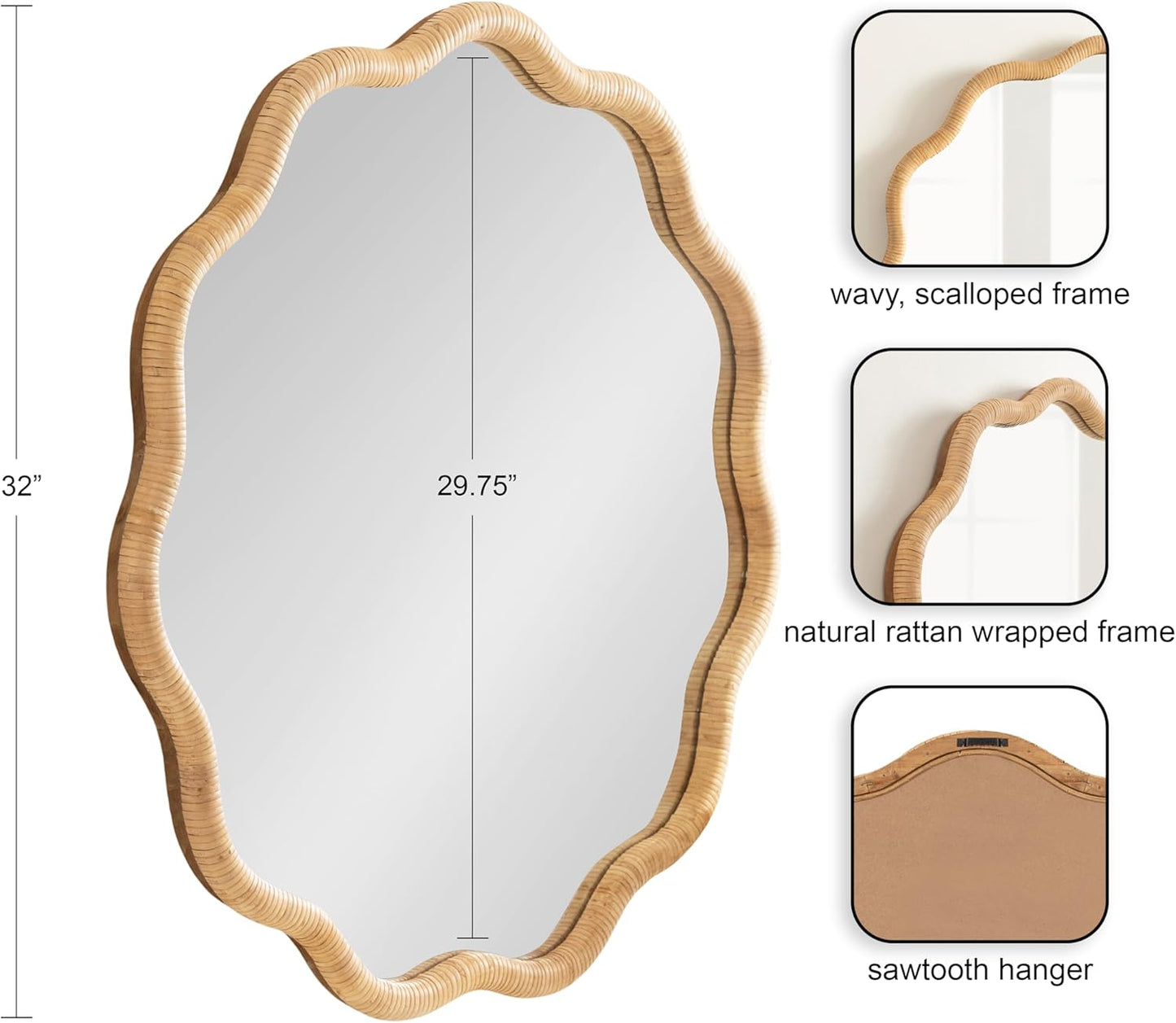 Kate and Laurel Rahfy Boho Scalloped Round Rattan Mirror, 32 Inch Diameter, Natural Wood, Decorative Round Wavy Mirror with Authentic Rattan Frame for Boho Wall Decor