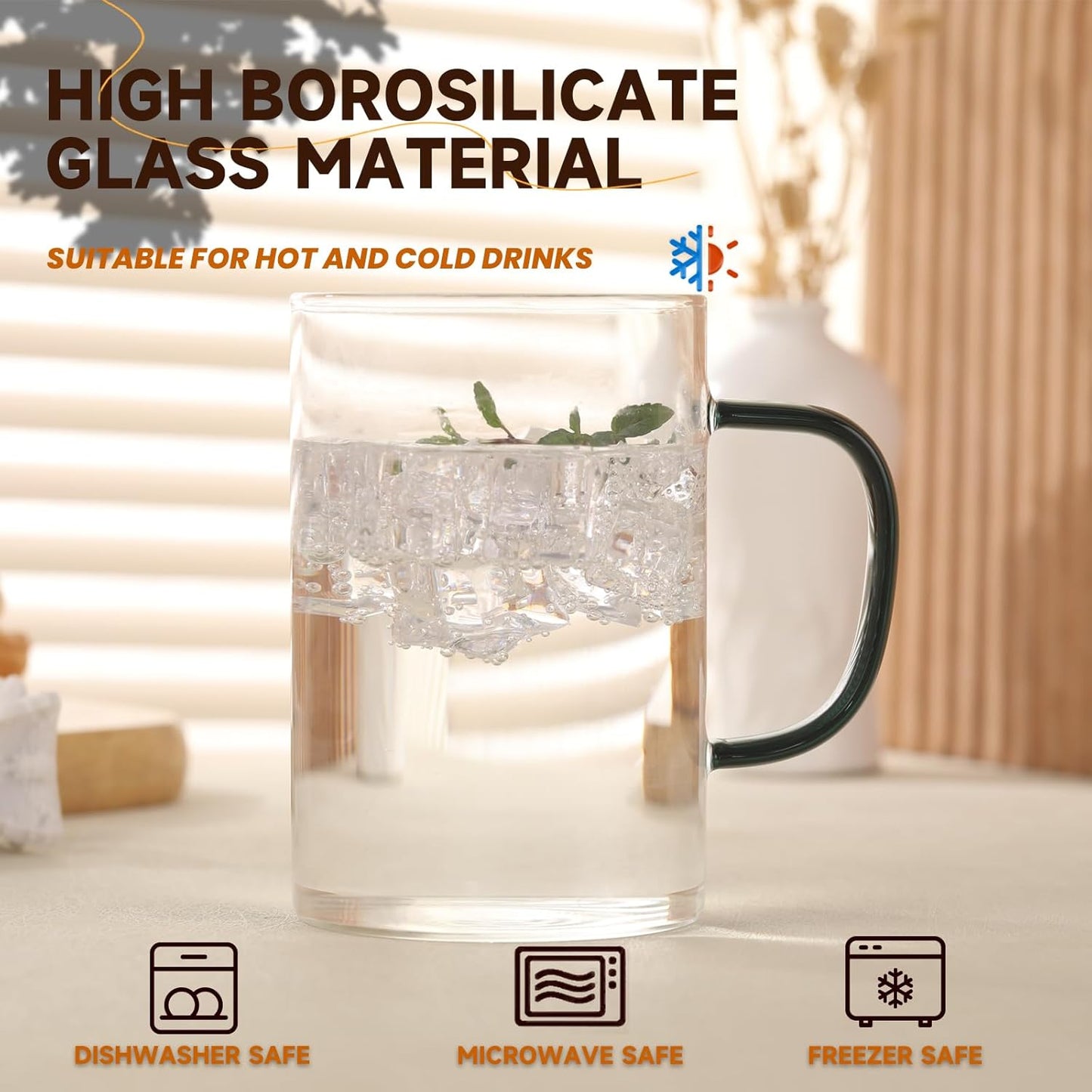 Glass Tea Cups Set of 4, Clear Borosilicate Glass Teacups with Handle for Tealover, Dishwasher & Microwave Safe Large Coffee Mugs for Espresso Cappuccino Latte Juice, 17OZ/500ML