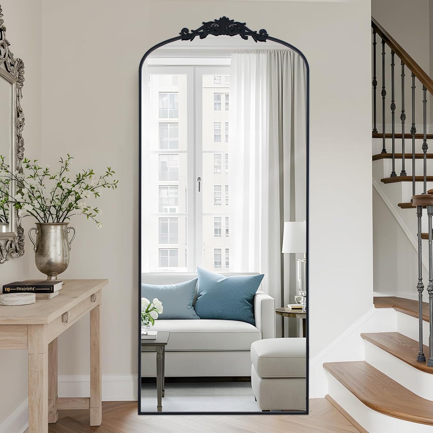 Filigree Floor Mirror 71"x30" Full Length Freestanding with Vintage Ornate Carved Applique Full Body Mirror Hanging Wall Mounted for Living Room Bedroom Retro Home Decor Mirror, Black