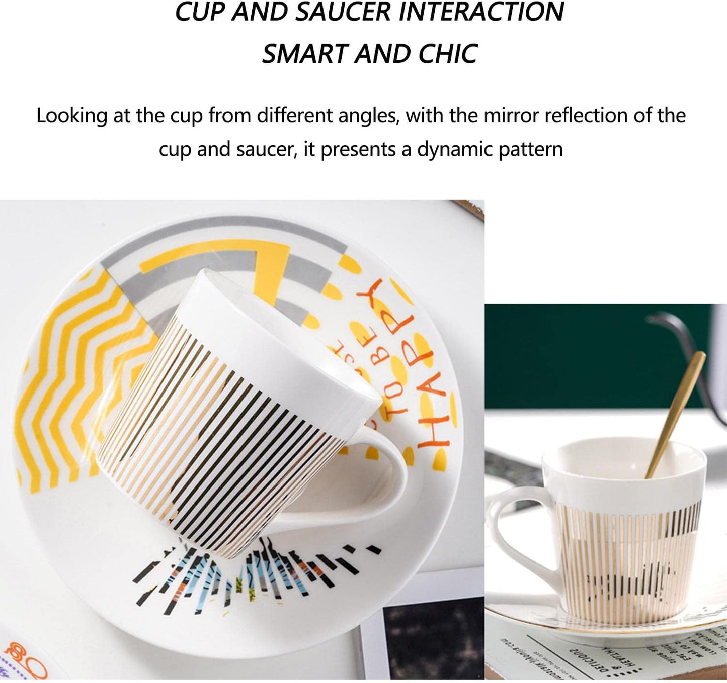 JINYISI Reflective Horse Mirror Mug, Rotating Dynamic Reflection Coffee Cup and Saucer Set for Cappuccino, Milk, Espresso, Tea