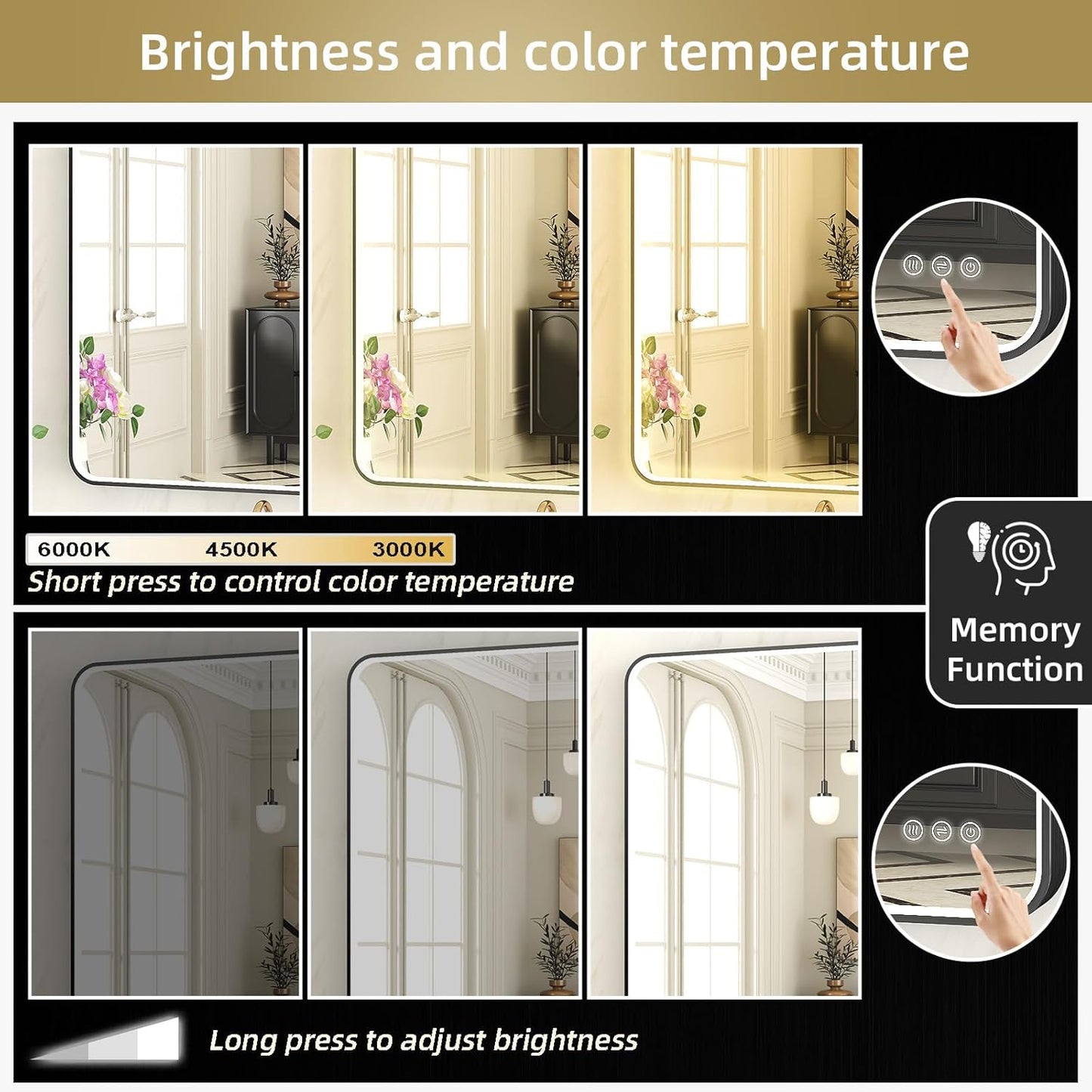 LED Mirror for Bathroom 40X28 Inch Black Framed with Anti-Fog, Stepless Dimmable, Front Lit, LED Bathroom Vanity Mirror for Wall, Memory Function, Shatter-Proof