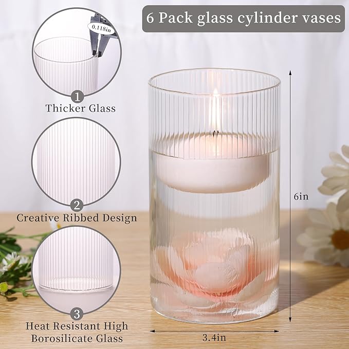 Glass Ribbed Cylinder Vases Pack of 6, Clear Ribbed Vases for Centerpieces Wedding Decoration, 6 Inch Tall Clear Flower Vase in Bulk, Hurricane Floating Candle Vase for Party Home Decor