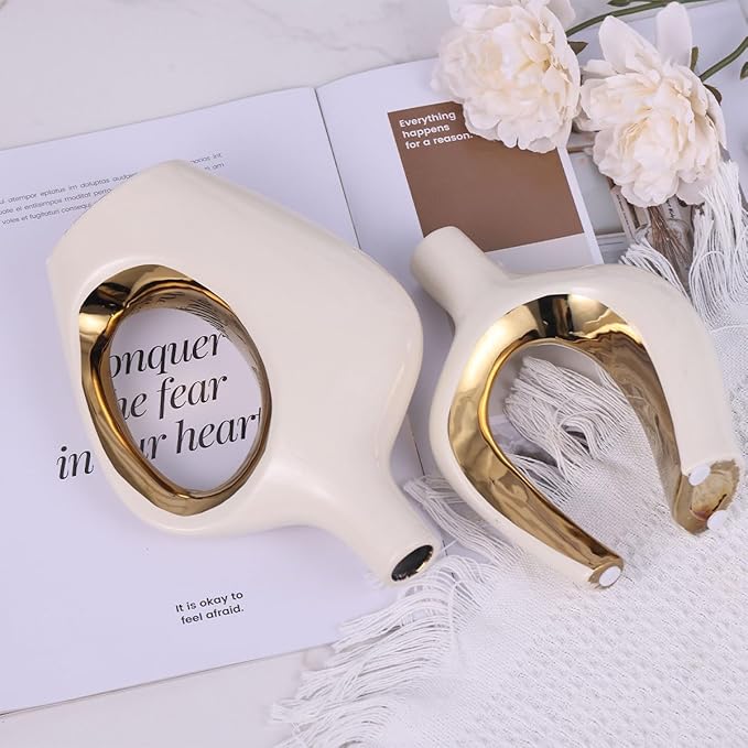 White and Gold Ceramic Vase Set of 2 - Nordic Boho Minimalist Design for Home Decor, Modern Donut & Hollow Style for Living Dining Room, Bedroom, Office - Decorative Pampas Grass &Flower Centerpiece