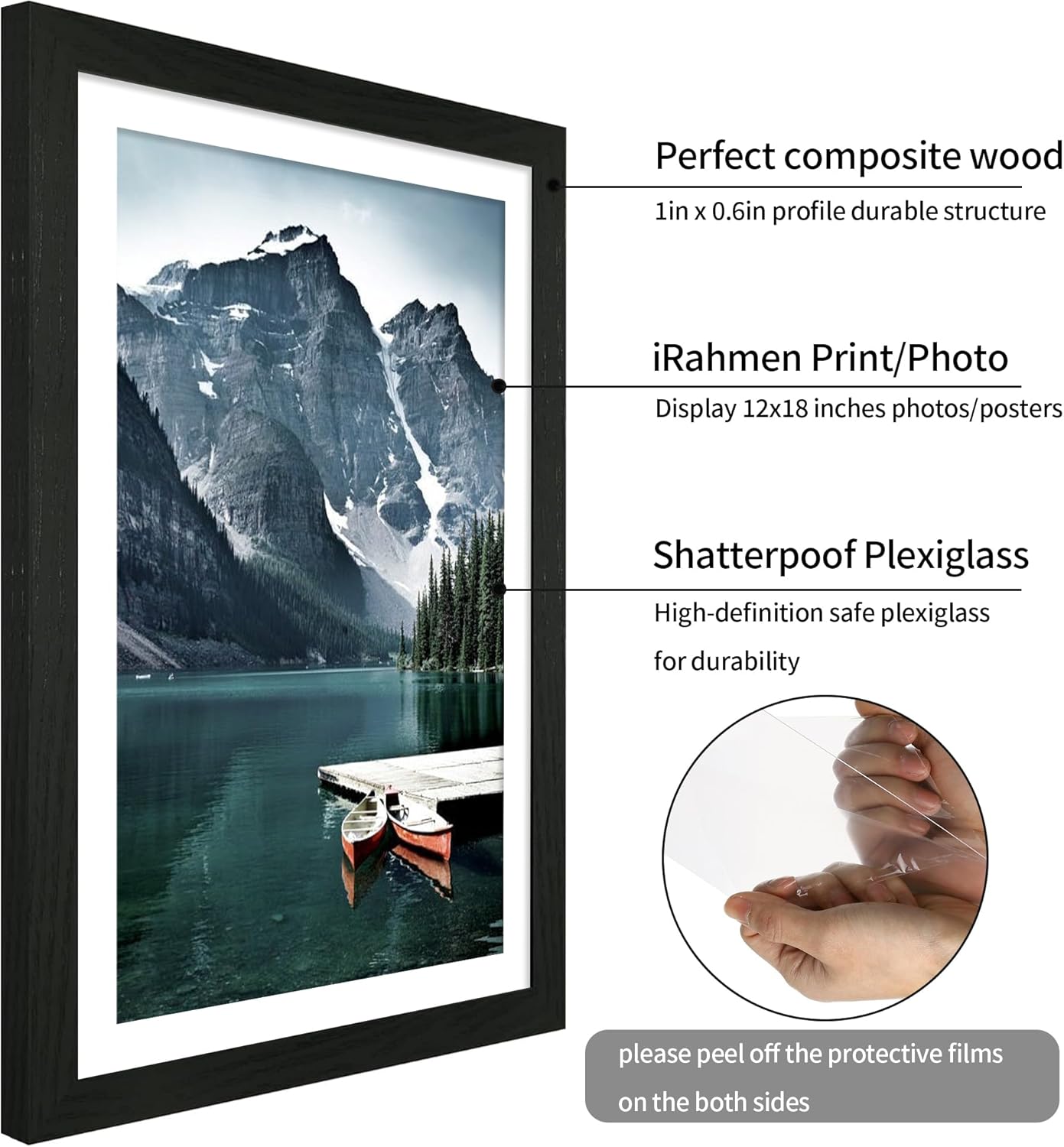 iRahmen 18x24 Picture Frame Set of 2 with Plexiglass, Black Poster Frame Display 16x20 Picture with Mat or 18 x 24 Without Mat, Wood Photo Frame for Gallery Wall Mounting Horizontal and Vertical