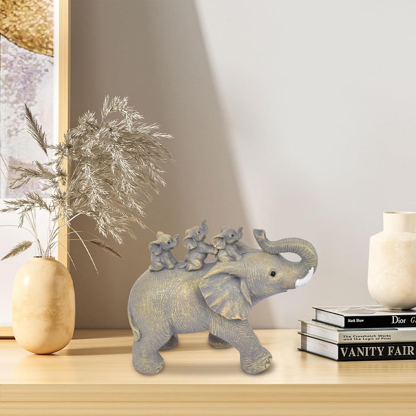 Cute Good Luck Elephant Home Décor Statues Carries Three Calves on Its Back Figurines for Shelf Elephant Lovers Decoration for Bedroom, Office (Yellow)