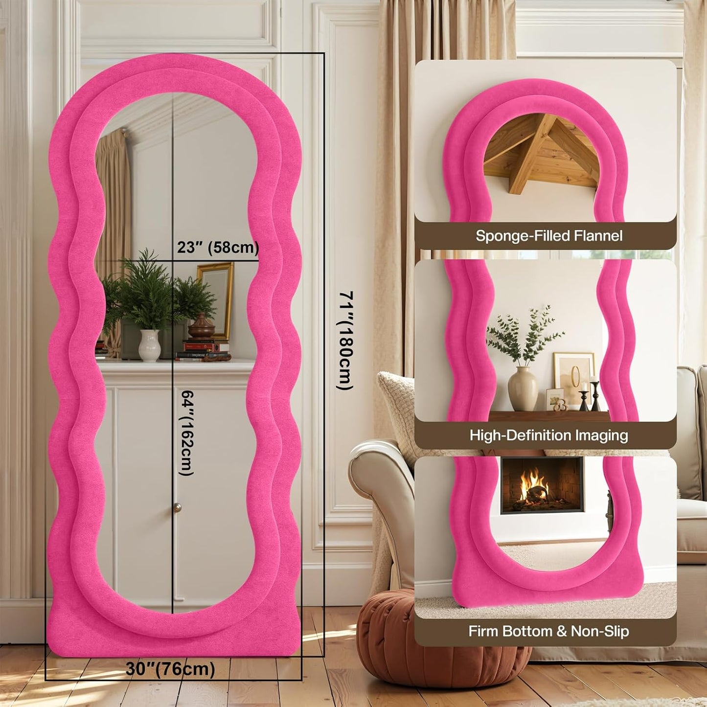 Full Length Mirror 71"x30" Irregular Wavy Full Body Wall Mounted Floor Mirror with Stand Hot Pink Flannel Frame Leaning Hanging Wall for Bedroom Entrance Hallway