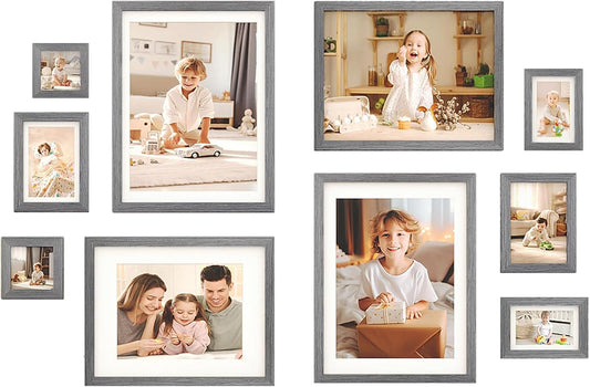 Egofine Picture Frame Set, Collage Wall & Tabletop Decor with Two Sizes - 12x16, 11x14, 5x7, 4x6, 4x4; Solid Wood, Plexiglass Cover, Oak Grey