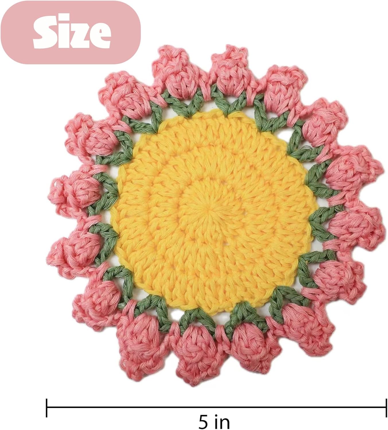 Cute Coasters Set of 4,Funny Pink Flower Coasters,Crochet Plant Pot Coaster Set for Drinks with Flowerpot Holder,Fun Soft Decorative Coasters Housewarming for New Home Bar Desk