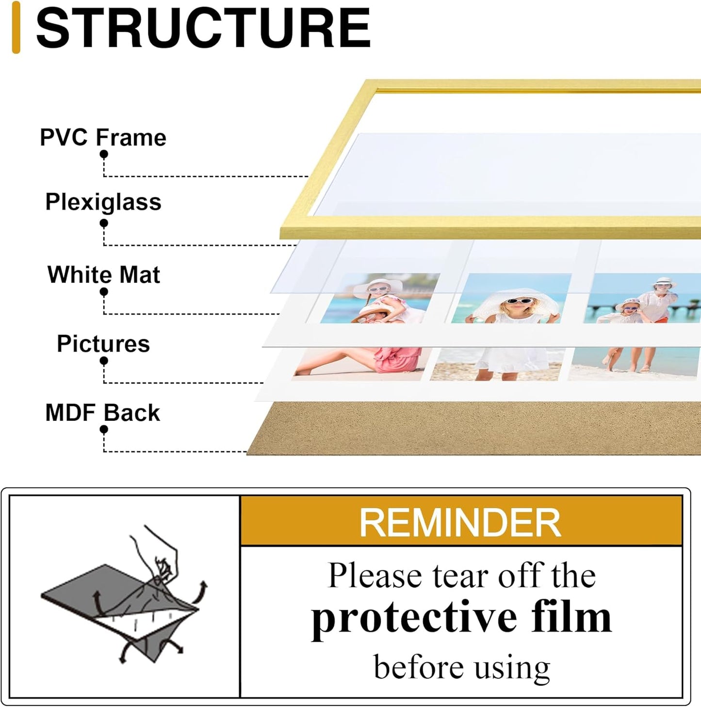 decorUhome 8x14 Picture Frames Collage Wall Decor, Display 3Pcs 4x6 Photos with Mat or 1Pcs 8x14 Unmatted, 3 4x6 Collage Picture Frames for Wall Mounting, Gold