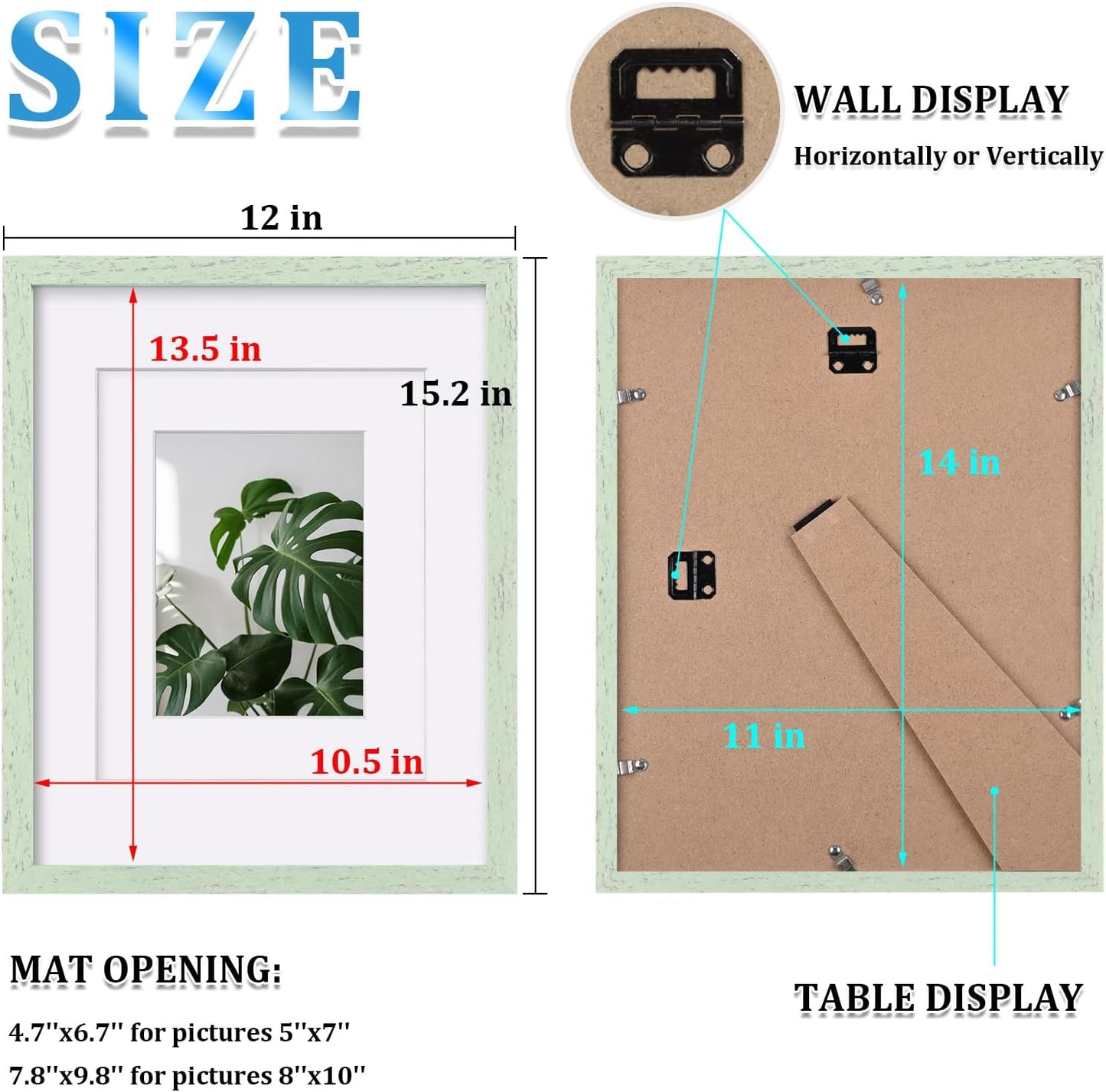 Egofine 11x14 Picture Frames Set of 4, Made of Solid Wood Covered by Plexiglass 5x7 and 8x10 with Mat or 11x14 without Mat, for Table Top Display and Wall Mounting Photo Frame Rustic Green