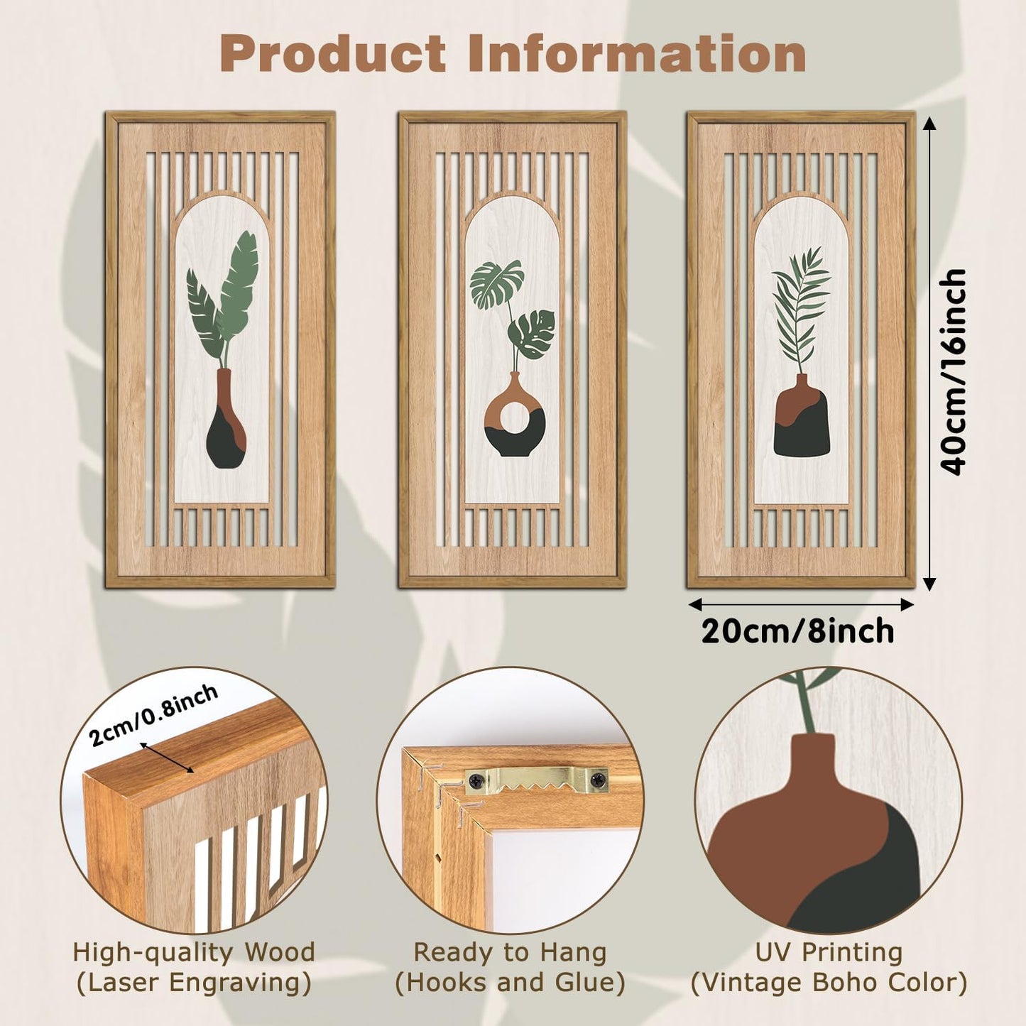 KAIRNE Boho Wooden Wall Art,Abstract Minimalist Wall Art Set of 3(8X16),Modern Aesthetic Botanical Artwork,Green Bohemian Decor,Mid-Century Design for Living Room Bedroom Office Farmhouse Decor,Framed