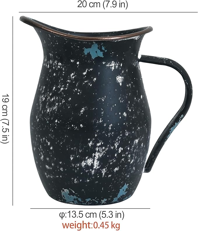 BIG FORTUNE Decorative Pitcher Vase Large Rustic Farmhouse Vase for Flowers Vintage Metal Milk Jug Vintage Decorative Pitcher Kitchen Decorations (Black)