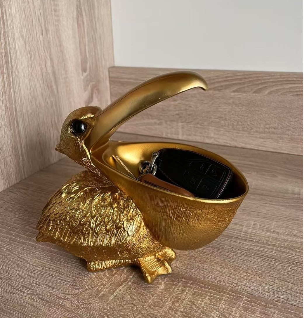 Creative Resin Statues The Pelican Statue Birds Figurines,Cell Phone and Keys Holder Adornments for Home & Office Desk Decor 8.1" inches (Gold)