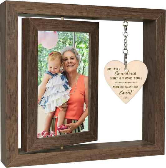 Great Grandma Gifts - Rotating Wooden Great Grandma Picture Frame for Two 4x6 Photos - Glass Cover, Gift Box Included - Just When Grandmas Think Their Work Is Done, Someone Calls Them Great