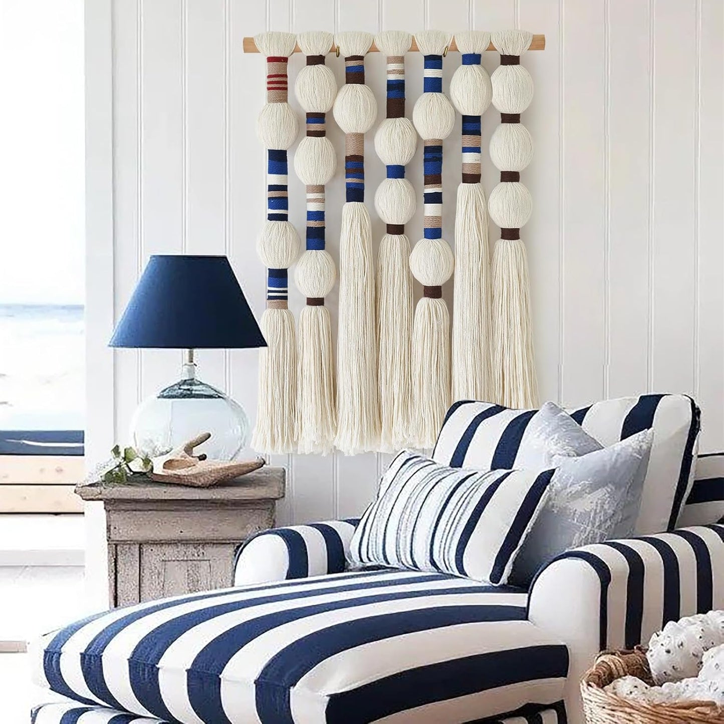 Flber Macrame Wall Hanging Woven Tapestries Handmade Cotton Yarn with Ball-shaped Tassels Geometric Boho Wall Decor for Bedroom & Living Room 15.7" Wx 21.6" L