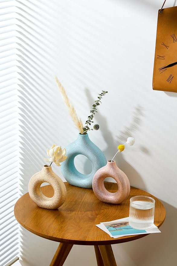 Set of 2 Donut Hollow Ceramic Vase Handmade Minimalist Boho ins Style, Modern Vase for Home Decor for Wedding Dinner Table Party Living Room Office Bedroom (Blue-Gold, Extra Large + Large)