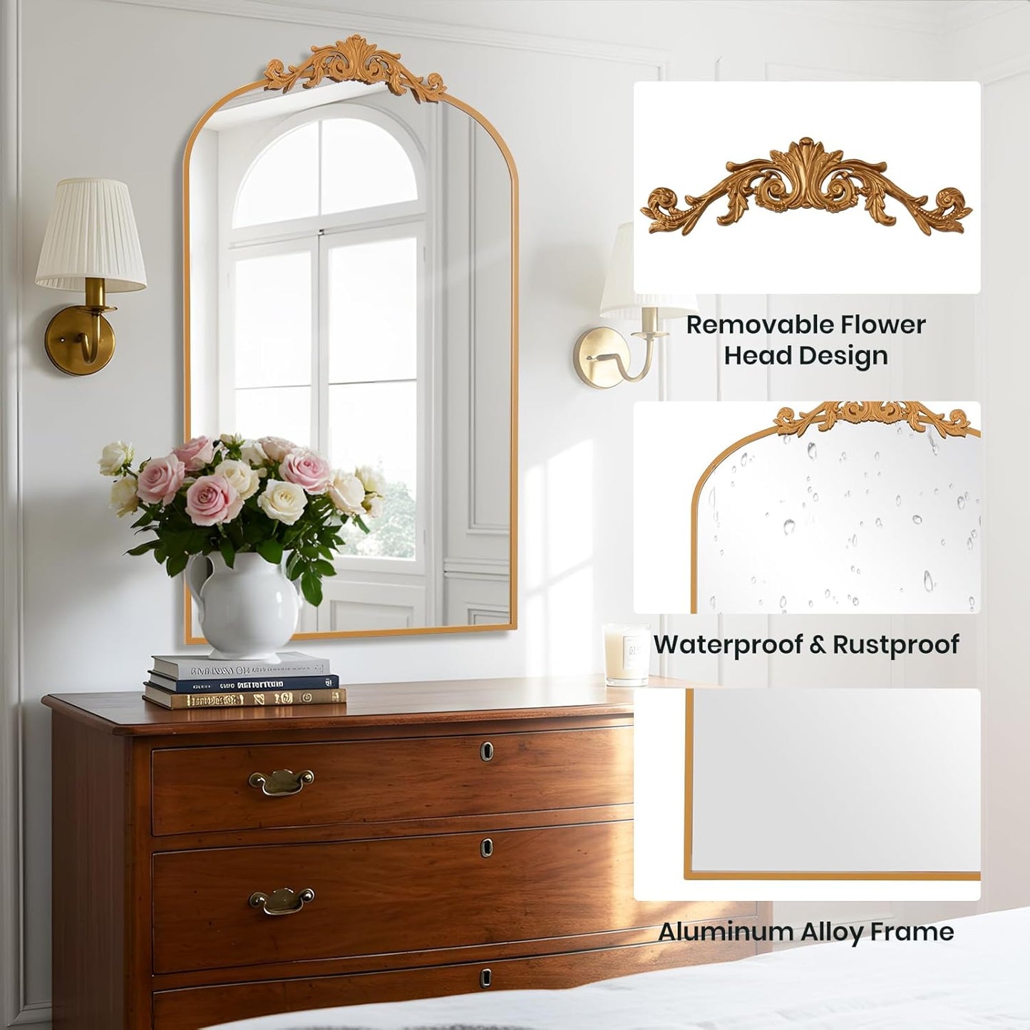 Filigree Arched Wall Mirror 26"x38" Retro Wall-Mounted Mirror with Vintage Ornate Carved Applique Hanging Leaning Antique Home Decor Mirror for Fireplace Living Room Entryway Hallway Bathroom, Gold