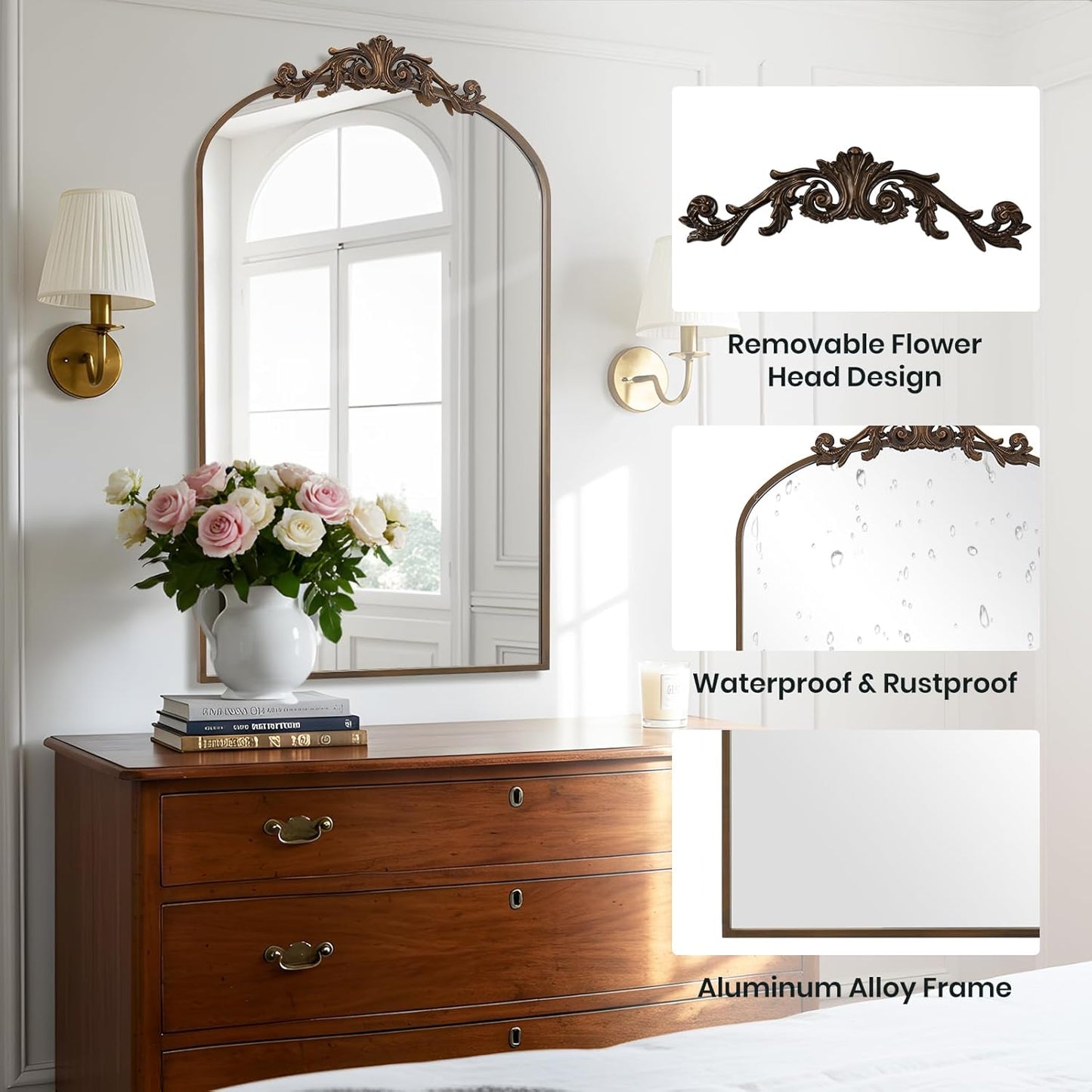 Filigree Arched Wall Mirror 26"x38" Retro Wall-Mounted Mirror with Vintage Ornate Carved Applique Hanging Leaning Antique Home Decor Mirror for Fireplace Living Room Entryway Hallway Bathroom, Bronze