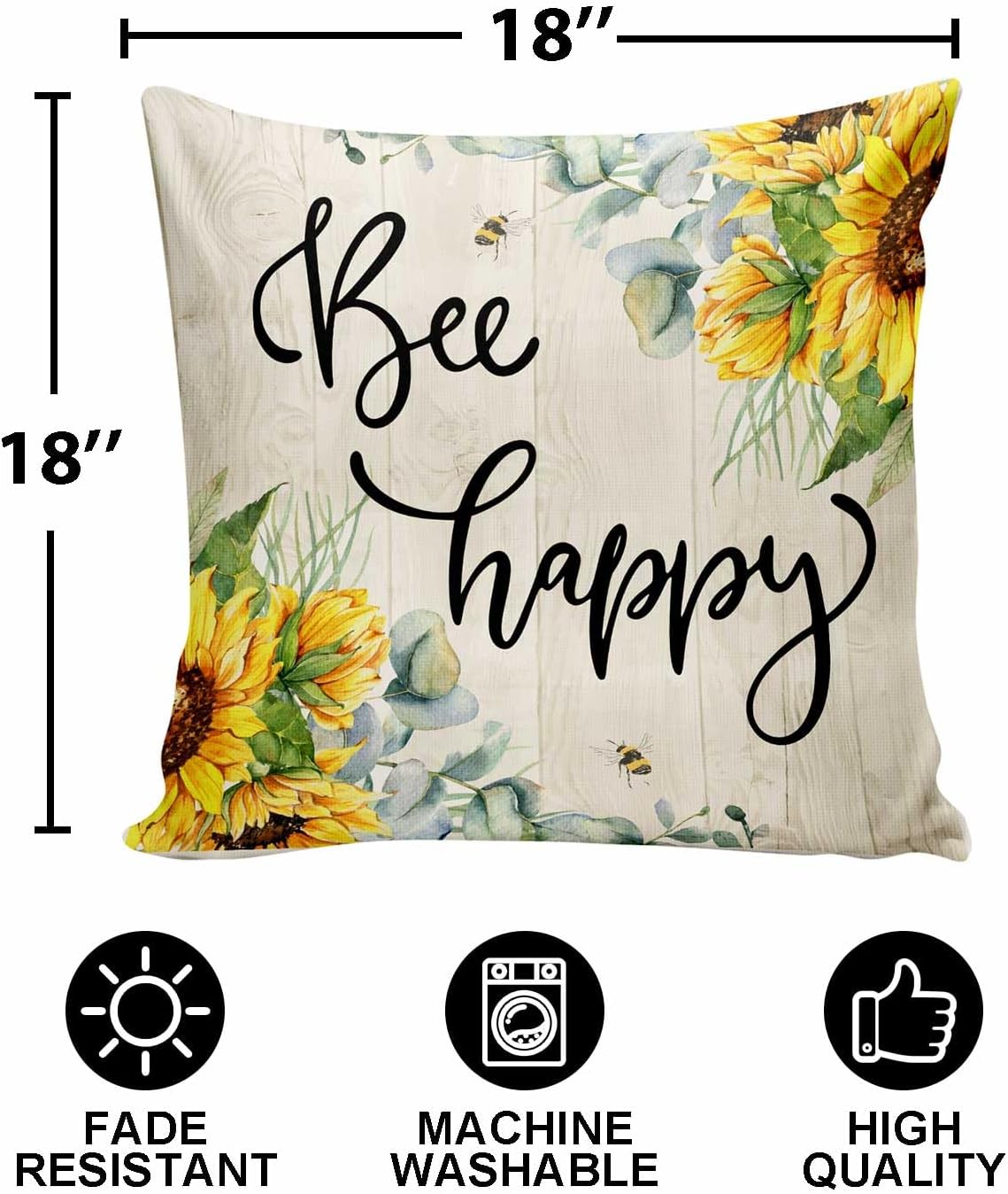 Bee Happy Sunflower Throw Pillow Cover 18x18 Inch,Spring Summer Sweet Bee Honey Pillow Covers Farmhouse Home Decorative Pillow Case