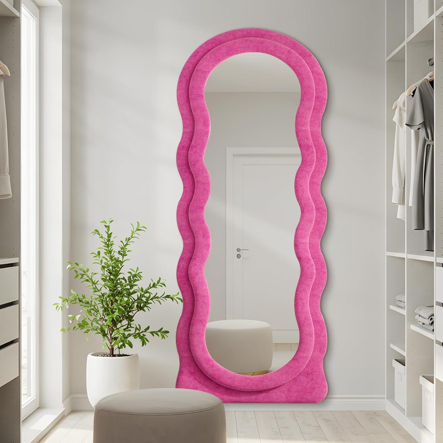 Full Length Mirror 63"x24" Arched Wavy Full Body Wall Mounted Floor Mirror with Stand Hot Pink Flannel Frame Leaning Hanging Wall Mirror for Bedroom Entrance