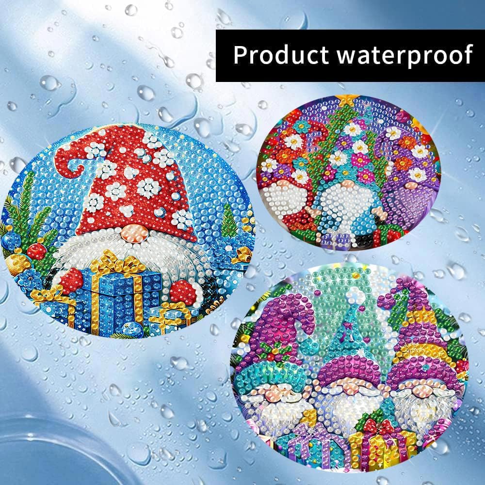 Meothan 8 Pcs Diamond Art Coasters Kits for Adults with Holder Cork Pads, Christmas Diamond Dots Art Painting Coasters Crafts Kit for Home Office Decor (Gnomes Theme)