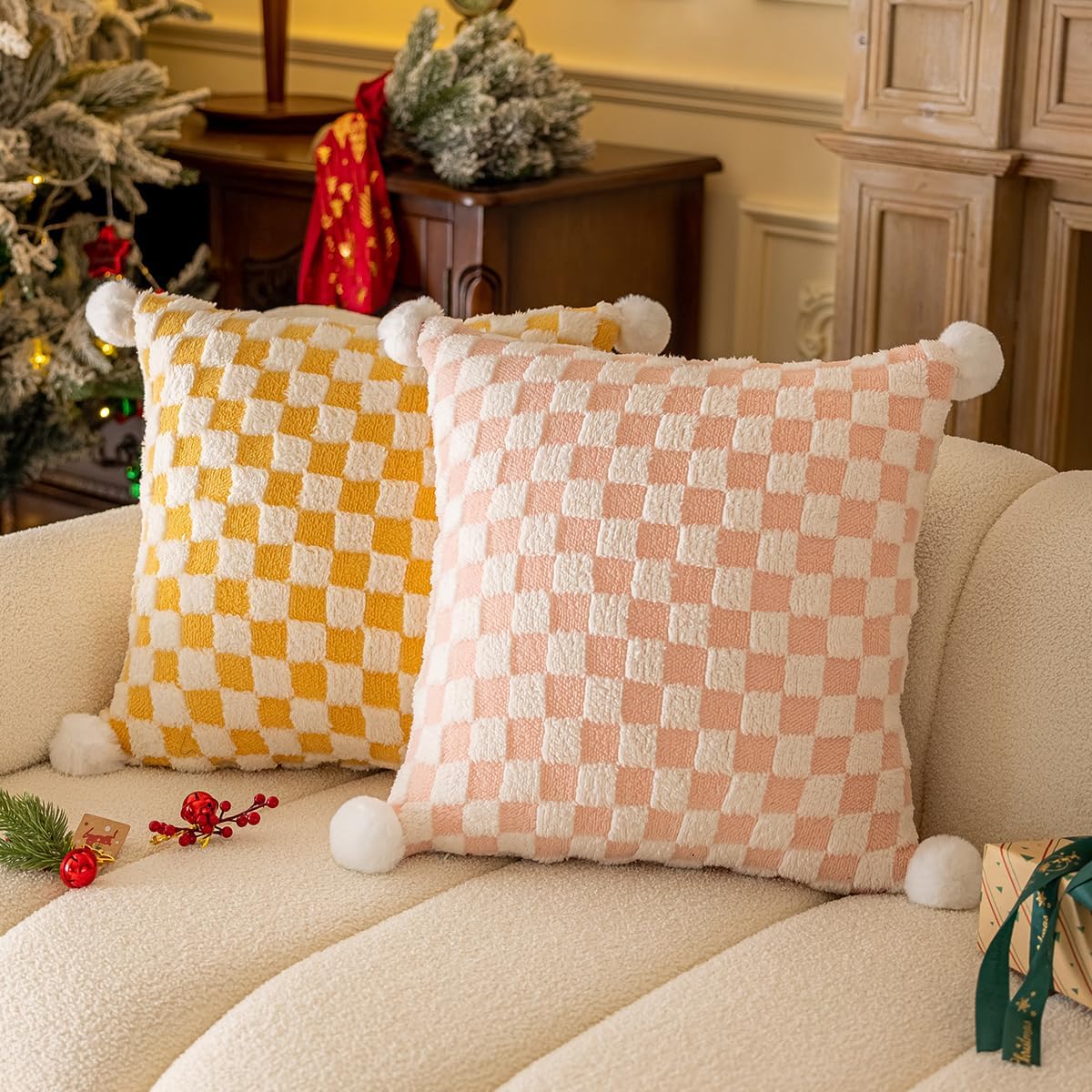 Faux Fur Plush Decorative Throw Pillow Covers with Pom Poms 18x18 Square Soft Christmas Checkered Pillow Covers for Couch Set of 2 Blush x2