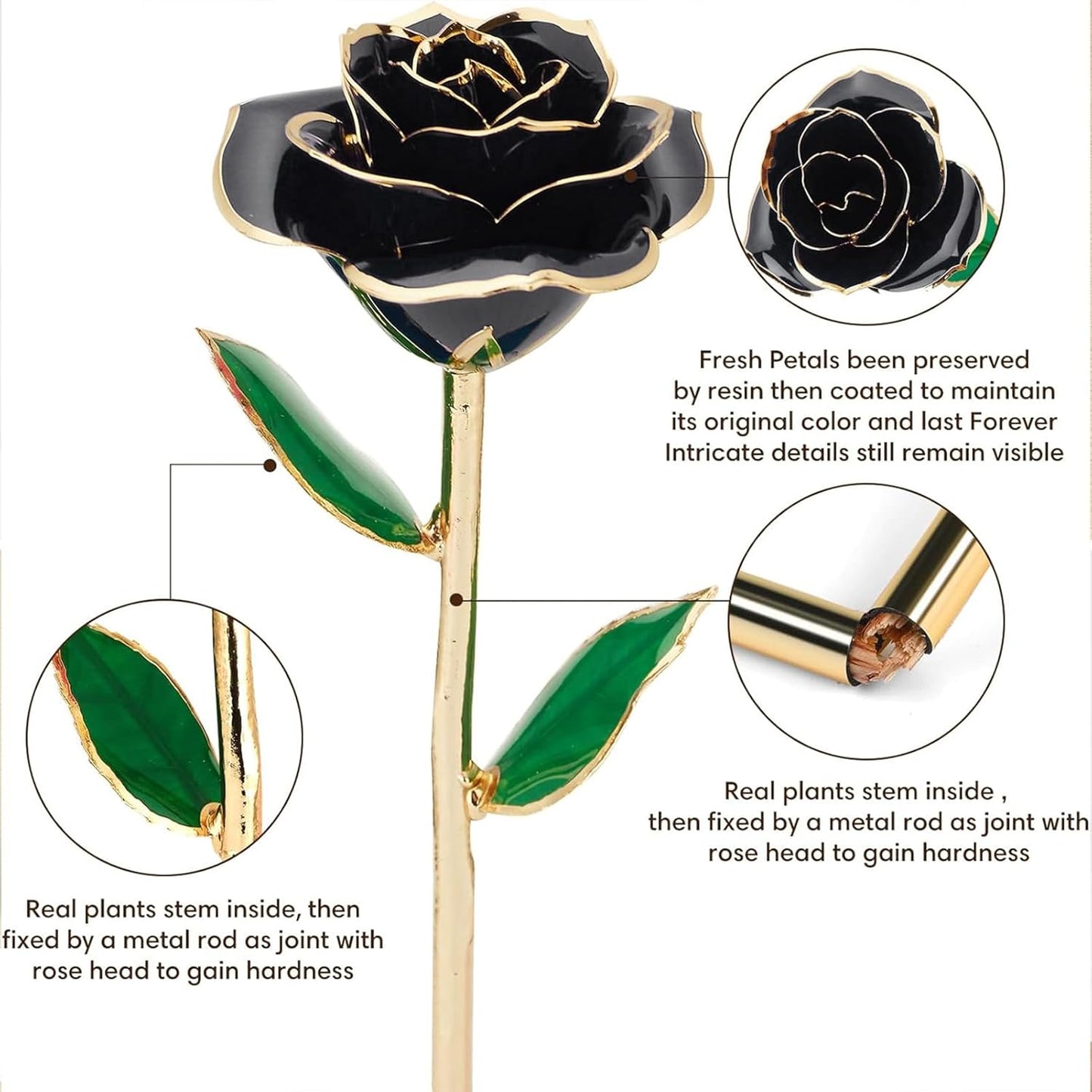 Gold Dipped Infinity Rose Last Forever Flower Decor, Birthday Gift for Women in Her Birthday Mothers Day, Resin Preserved Rose | Anniversary Present for Mom (Black)