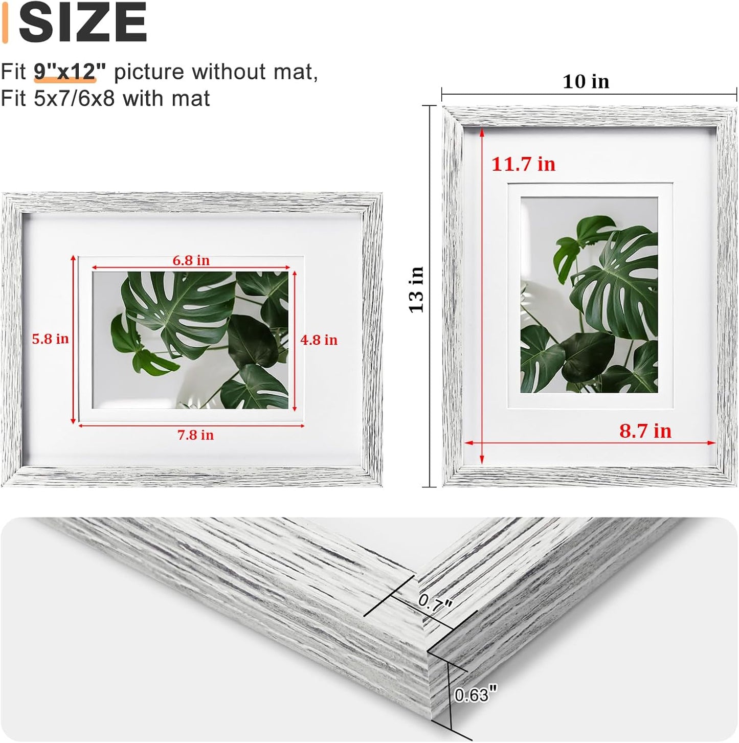 Egofine 9x12 Picture Frames Set of 4, Made of Solid Wood Covered by Plexiglass 5x7 and 6x8 with Mat or 9x12 without Mat, for Table Top Display and Wall Mounting Photo Frame Driftwood White