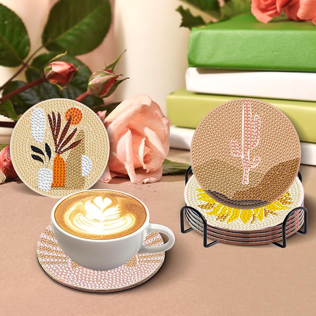 DOTSOPS 8Pack Landscape Diamond Painting Coaster with Holder 5D Diamond Art Kits for Adults Round Full Drill Beginners Gem Dots Craft Arts Supplies Party Home Decor Abstract