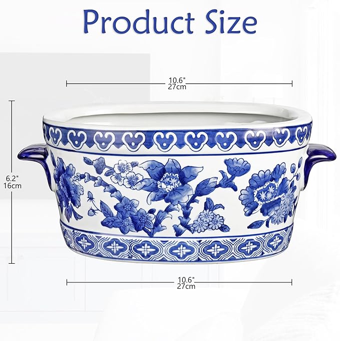 Blue and White Ceramic Planter Pot – Vintage Floral Oval Cachepot Vase for Indoor Plants, Flowers & Succulents – Glazed Chinese Porcelain Style Decorative Bowl –10.6" Size – No Drainage