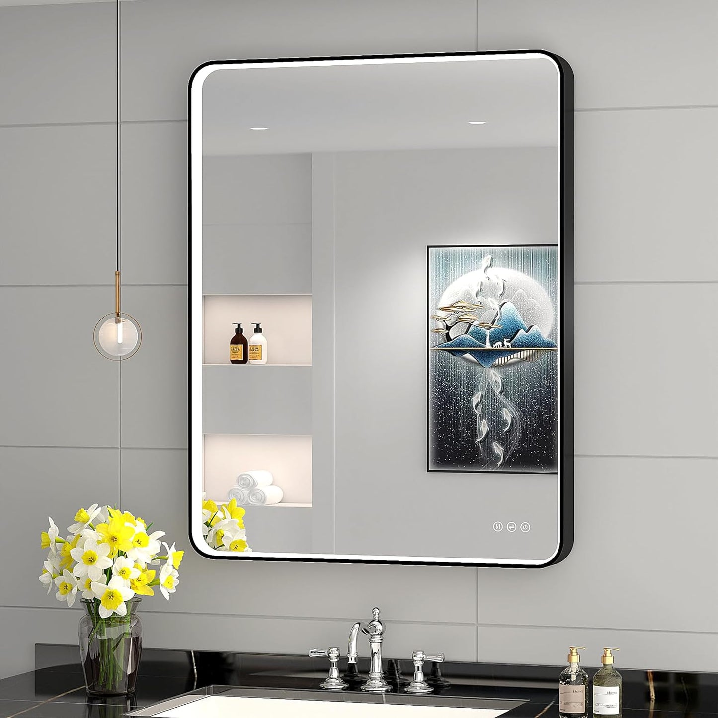LED Mirror for Bathroom 28X36 Inch Black Framed with Anti-Fog, Stepless Dimmable, Front Lit, LED Bathroom Vanity Mirror for Wall, Memory Function, Shatter-Proof