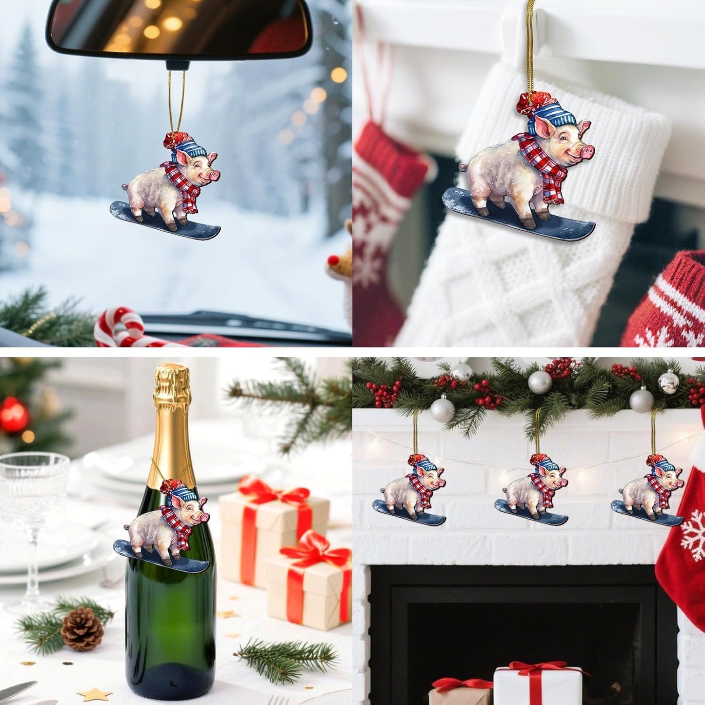 Funny Pig Ornament for Christmas Tree, 2-Side Printed Flat Wooden Ornament, Farmhouse Decor, Farm Animal Gifts for Women