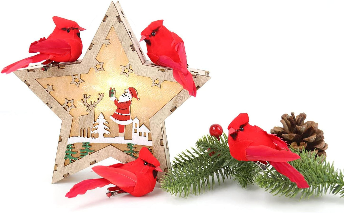 KLEWEE 24 Pcs Cardinals, Artificial Red Cardinal Birds, Clip On Christmas Red Cardinal Ornaments for Christmas Tree Decorations, Wreath, Centerpiece and Crafts - 3.5"-3.9" Long