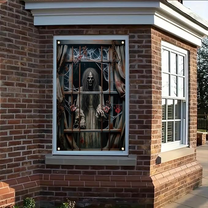 Window Cover Halloween 47x31 Inch Scary Skeleton Ghost Bloody Handprint Banner Creepy Window Decoration for Haunted House Indoor Outdoor Poster Porch Decor