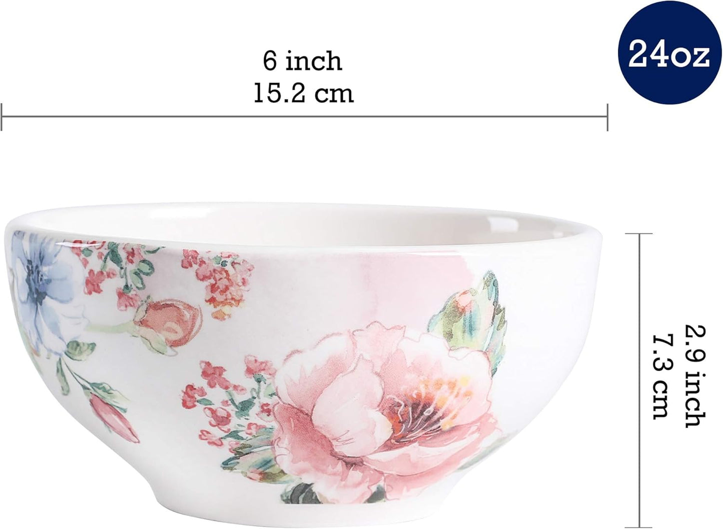 Bico Margret's Garden Cereal Bowls Set of 4, 24 oz Deep Ceramic Soup Bowls for Cereal, Salad, Noodles, Kitchen, Microwave and Dishwasher Safe, Gift for Housewarming and Thanksgiving