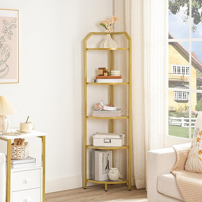 HOOBRO 5-Tier Corner Shelf Stand, Gold Corner Bookshelf, Tempered Glass Shelves, Bathroom Organizer, Corner Plant Stand, for Living Room, Study, Balcony, Home Office, Modern Style, Gold GD15CJ01