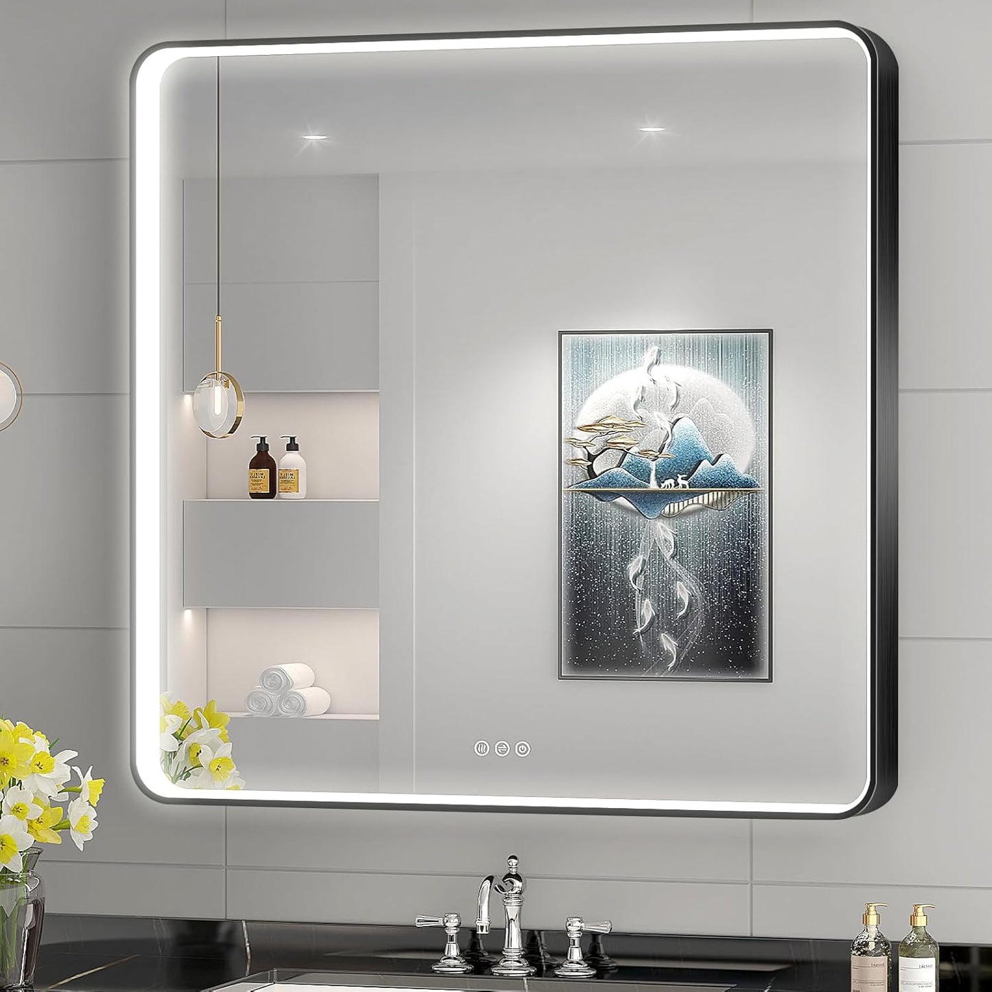 LED Mirror for Bathroom 36X36 Inch Black Framed with Anti-Fog, Stepless Dimmable, Front Lit, LED Bathroom Vanity Mirror for Wall, Memory Function, Shatter-Proof
