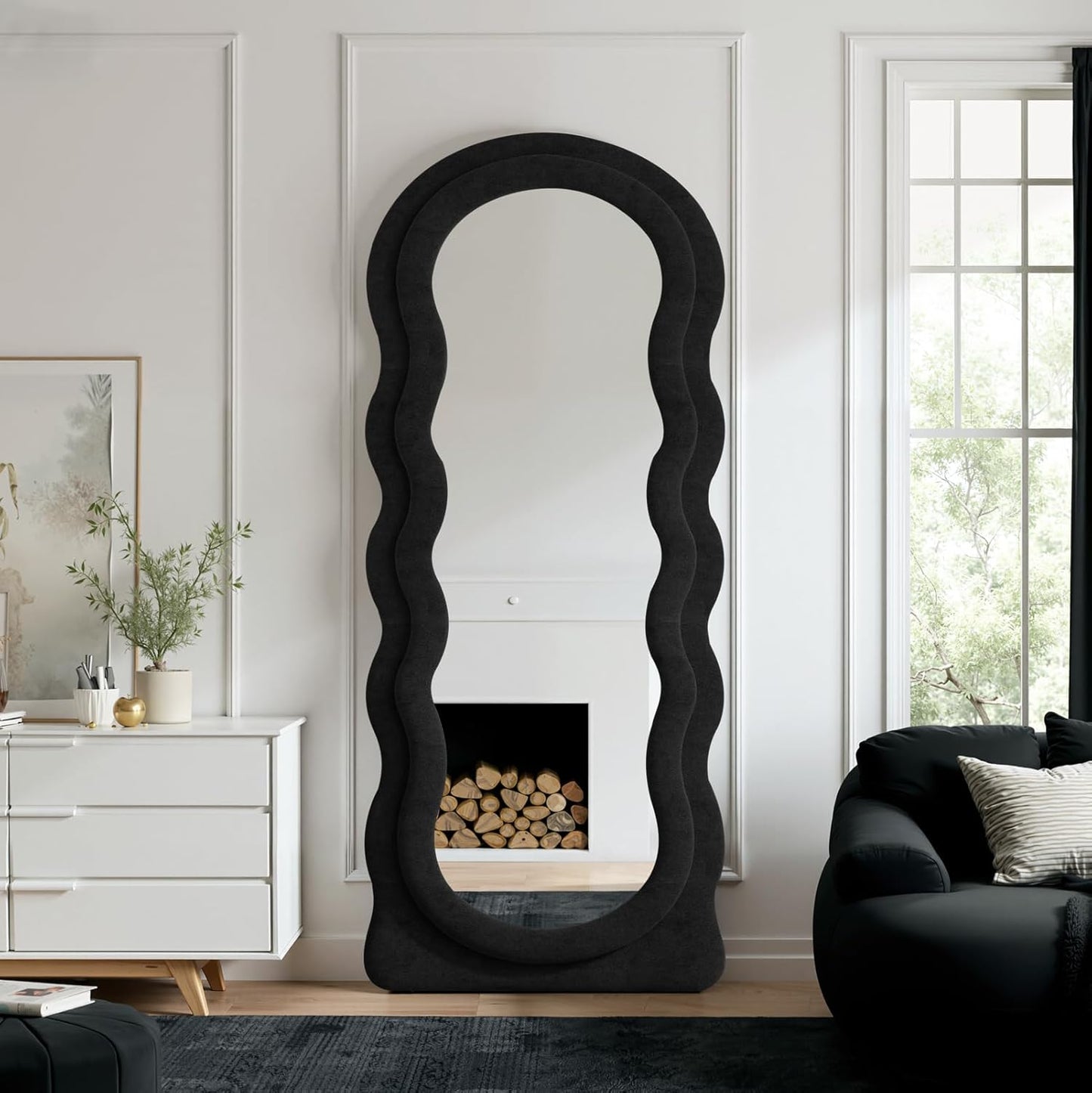 Full Length Mirror 71"x30" Irregular Wavy Full Body Wall Mounted Floor Mirror with Stand Black Flannel Frame Leaning Hanging Wall for Bedroom Entrance Hallway