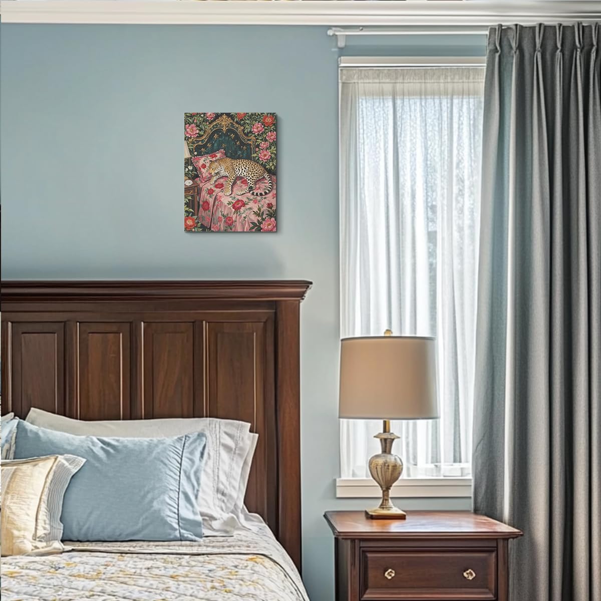 Leopard in Bed Wall Art, Mid Century Vantage Animal Portrait Oil Painting Canvas Framed Prints Modern Decorations, Maximalist Leopard Poster for Bedroom Living Room Entryway Aesthetic