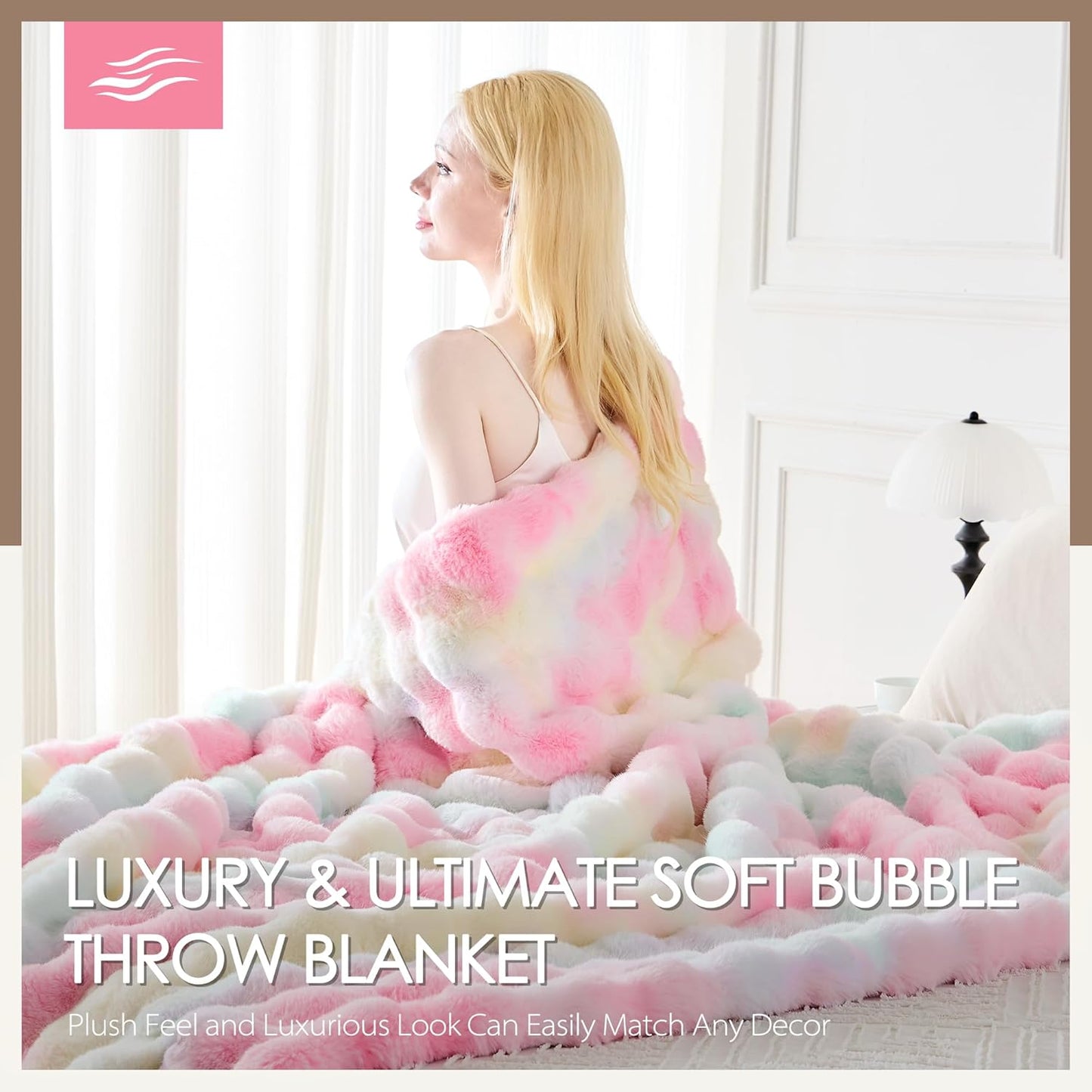 Luxury 1000GSM Faux Rabbit Fur Throw Blanket, Super Heavy Warm Cozy Blankets for Couch Bed Sofa, Bubble Plush Fuzzy Elegant Soft Reversible Mink Blanket for Living Room Bedroom, Rainbow