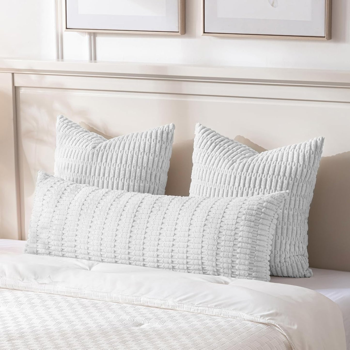 Fancy Homi Pure White Long Body Lumbar Lumbar Decorative Throw Pillow Covers 20x54 Inch for Bed Couch Bedroom Bench, Soft Corduroy Rectangle Solid Pillow Case, Rustic Farmhouse Boho Room Decor