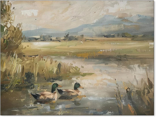 Mallard Duck Pond Poster Animal Farmhouse Canvas Wall Art Vintage Duck Painting Oil Painting Bird Hunter Gift for Rustic Cabin Nursery Wall Decor 08x10 inch Unframed