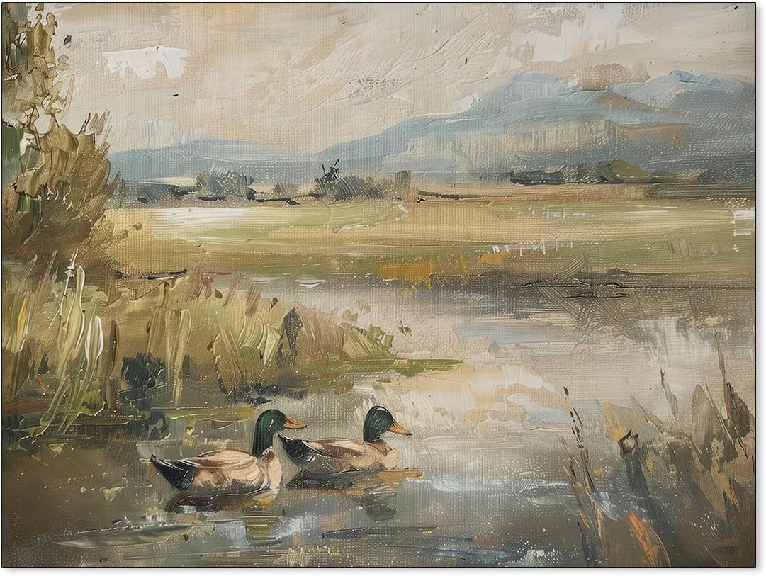 Mallard Duck Pond Poster Animal Farmhouse Canvas Wall Art Vintage Duck Painting Oil Painting Bird Hunter Gift for Rustic Cabin Nursery Wall Decor 12x16 inch Unframed