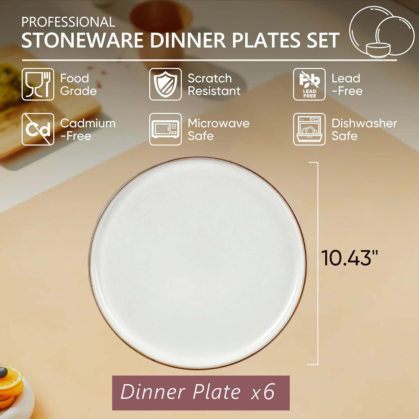 Herogo Ceramic 10.43 Inch Dinner Plates Set of 6, Stoneware Dinner Plate Set, Double Reactive Glaze Large Dinnerware Plates for Kitchen, Microwave, Oven & Dishwasher Safe, Ivory White