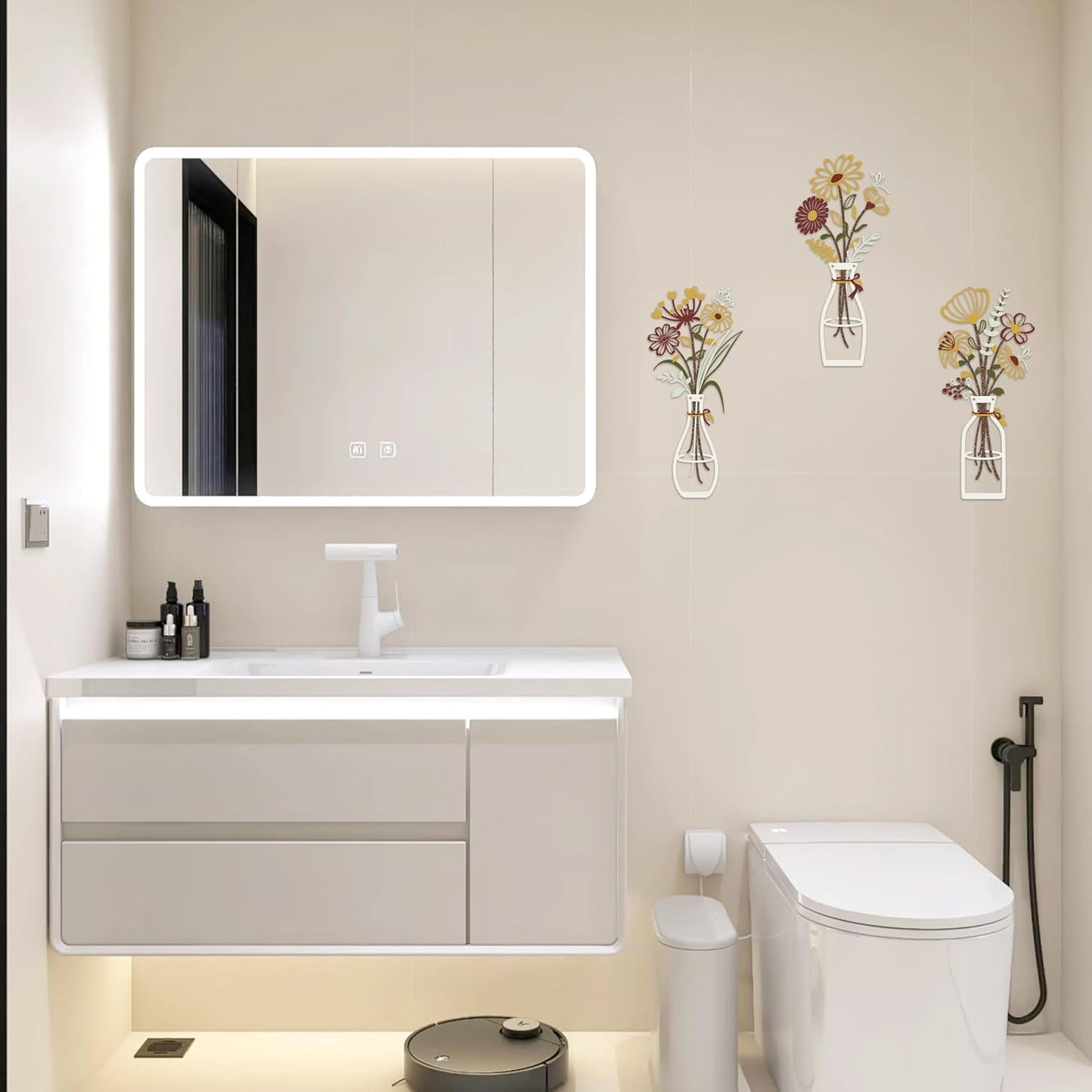 Iron Metal Vase Flower Wall Art Set of 3 - Minimalist Black Floral Decor for Living Room Bedroom Kitchen, Office Garden - Modern Farmhouse Home Decor & Housewarming Gifts (Yellow-Brown)