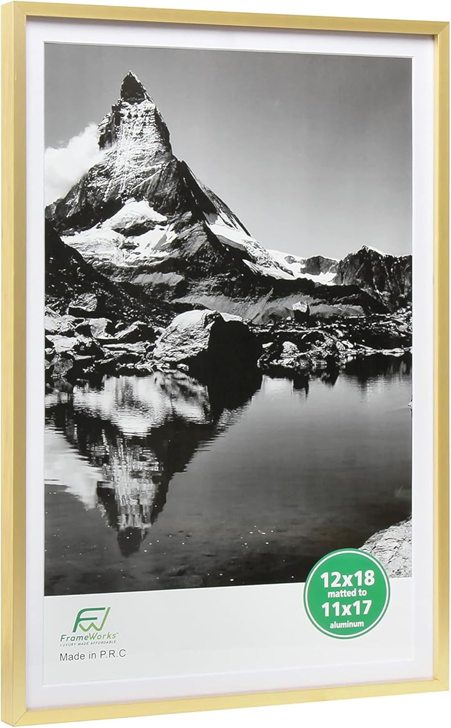 FrameWorks 12x18 Matted to 11x17 Picture Frame – Aluminum Frame w/Tempered Glass, Removable Mat for Photos, Posters, Art, Stylish Wall Frame for Home Decor, Gallery Walls, Office, Living Room - Gold